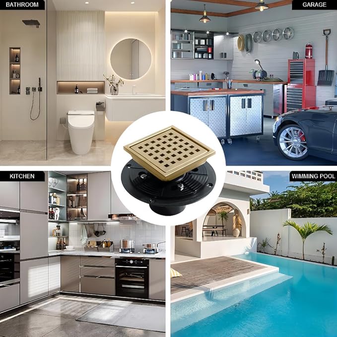 6 Inch Square Shower Floor Drain, Stainless Steel Flange with Removable Grid Cover Hair Strainer, Golden Brushed Nickel