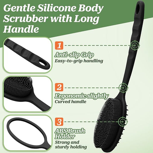 Silicone Back Washer for Shower, Gentle Silicone Back Scrubber for Lathering, Soft Silicone Loofah Bath Brush with Dual-Side & Detachable Brush Head, Good for Sensitive Skin(Green)