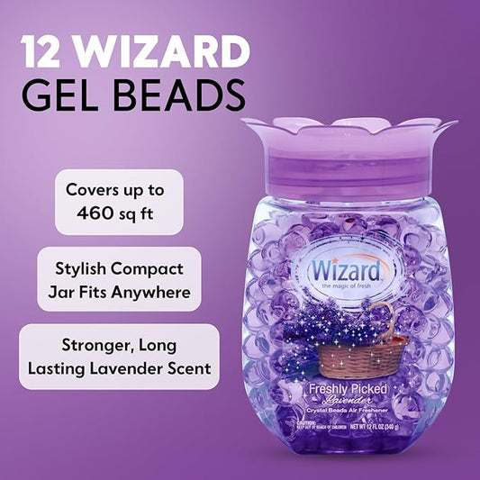 12 WIZARD Odor Eliminator Gel Beads - 12 oz, Air Freshners For Bathroom, Rooms, Per Areas and Car Freshner - Freshly Picked Lavender