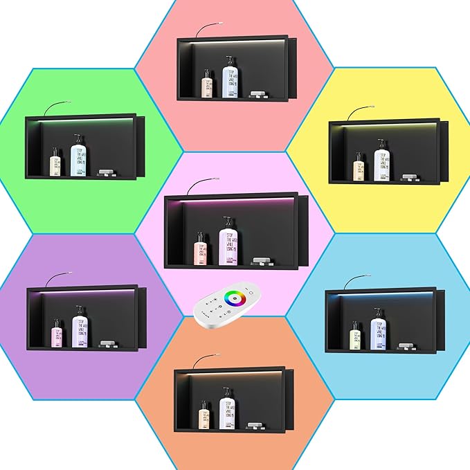 RGB LED Light Shower Niche, Matte Black 36X12 in Stainless Steel Wall Niche with Remote Control, Waterproof No Tile Needed Wall Niche for Bathroom Storage Over Mount Installation