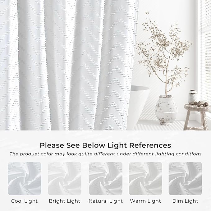 Small Stall White Boho Fabric Shower Curtain, 36x72 Half Size, Textured Tufted Chevron Striped Minimalist Cloth Bathroom Shower Curtain