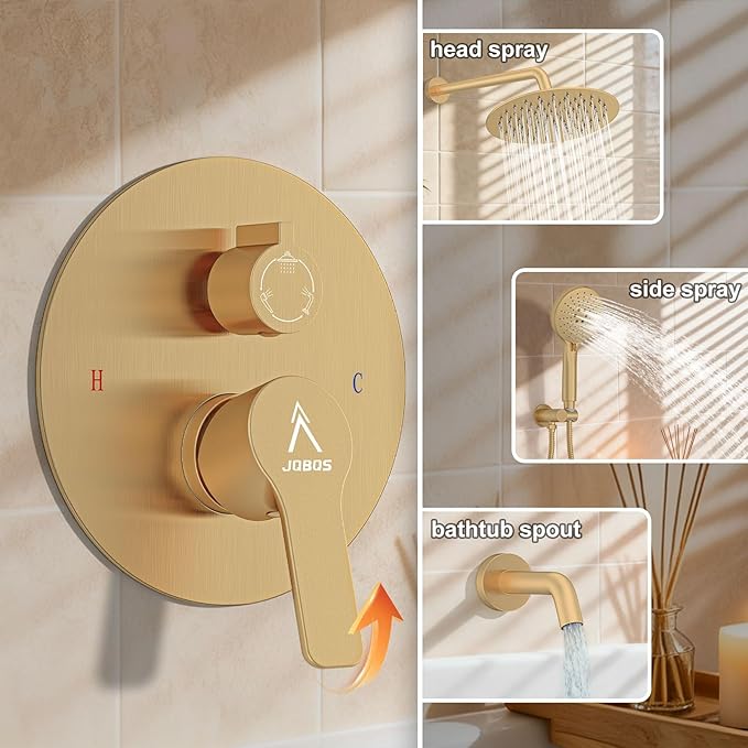 3 Functions Shower System,Modern Three-Setting 10-Inch Round Rain Shower Head and Faucet Set,Shower Faucet Set Complete Rough-in Valve and Trim Kit Included(Brushed Gold)