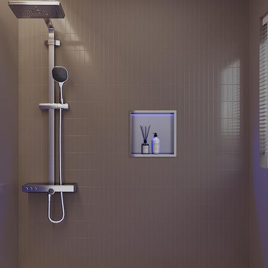 12X12 RGB Shower Niche, Brushed Nickel Stainless Steel LED Wall Niche, No Tile Needed Recessed Storage for Bathroom Storage Built-in Installation