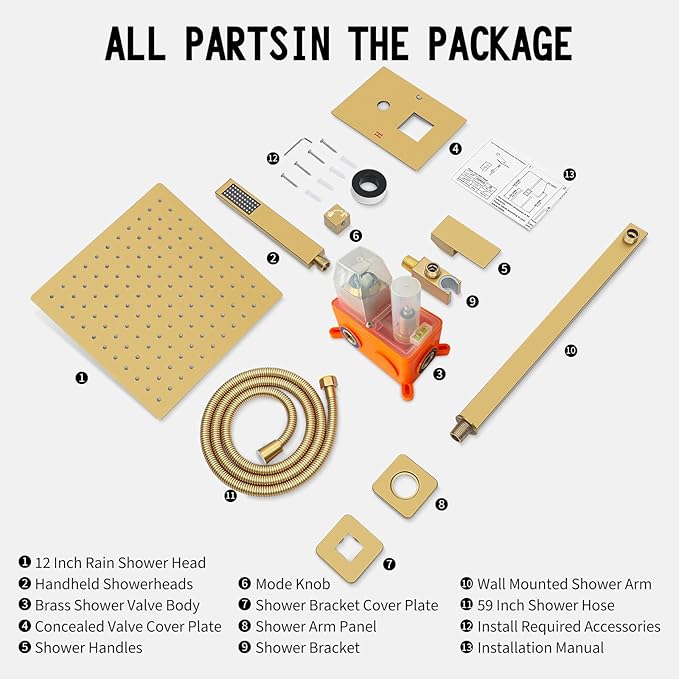 Bathroom Shower Faucet Set,12 Inch Rain Shower Head with Handheld Spray,Brass Shower Valve Trim Kit,Wall Mounted Square Rain Shower System (Brushed Gold)