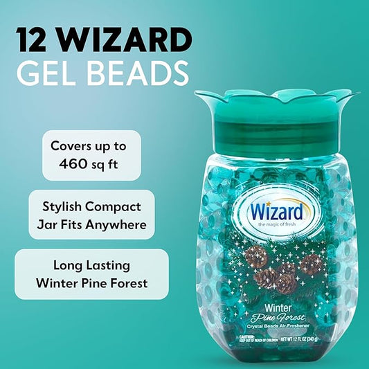 12 WIZARD Odor Eliminator Gel Beads - 12 oz, Air Freshners For Bathroom, Rooms, Per Areas and Car Freshner - Winter Pine Forest