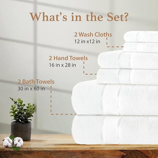 100% Cotton Bath Towel Set, Set of 6 Bath Towels, 2 Bath Towel, 2 Hand Towels, 2 Wash Cloths for Showering, Highly Absorbent Bathroom Set, Super Soft & Quick Dry Towels for Bathroom, White