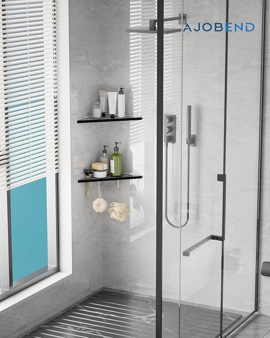 Matte Black Corner Shower Shelves 2-Pack, 10" 304 Stainless Steel Recessed Shelf for Bathroom, Grout in Corner Shelf Racks for Tiled Wall with Hooks and Razor Slot (Holds 15lbs)
