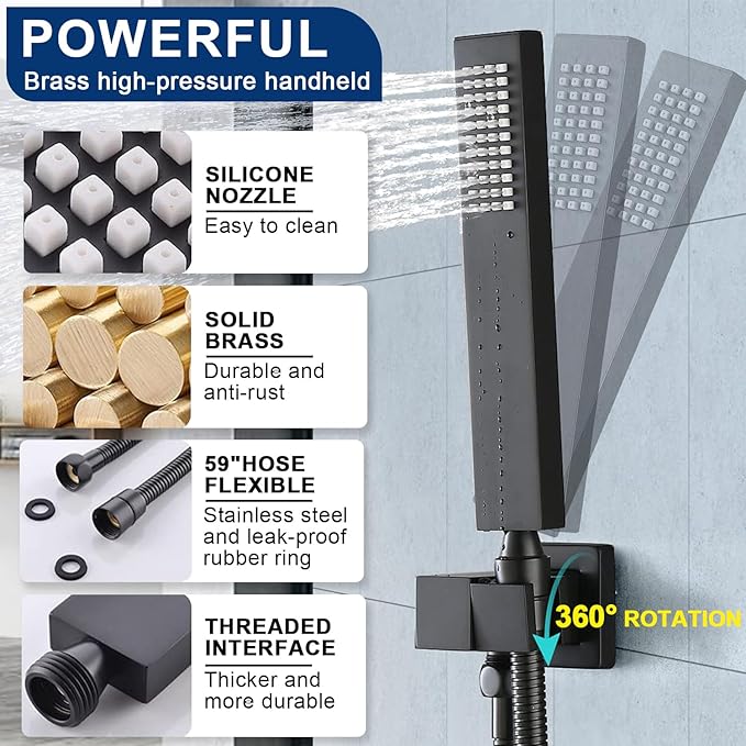 Black Thermostatic Shower System three Shower Heads with 16" Ceiling Mounted Rain Shower Head & 2 x 6" Wall Mounted Head 4 Function Full Body Shower System Can All Run Together