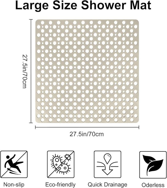 Anti Slip Shower Mat with Suction Cups,27x27 Inch Quick Drain TPE Non Slip Shower Mats for Inside Shower,Large Bath Mat for Shower Soft on Feet, Easy to Dry&Cut Machine Washable
