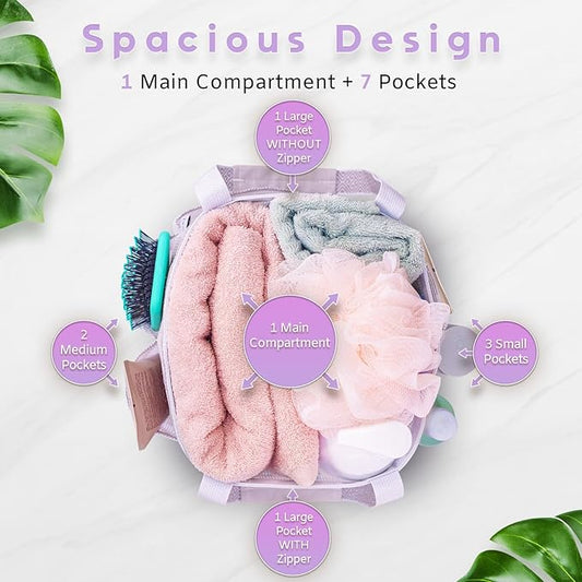 Mesh Shower Caddy Dorm, 7 Pockets & 1 with Zipper, Shower Tote with Padded Handles, Travel Portable, Shower Caddy College Room Essentials, Bathroom Shower Bag (Light Gray)