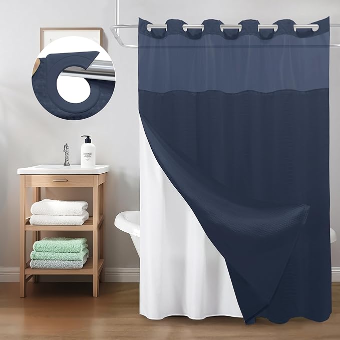 Inhousolu Long No Hook Shower Curtain with Snap in Fabric Liner Set Waffle Weave 230GSM Weighted Hem, Waterproof & Washable Bathroom Curtain Spa Luxury with Mesh Top Window 72" W x 84" L Navy Blue