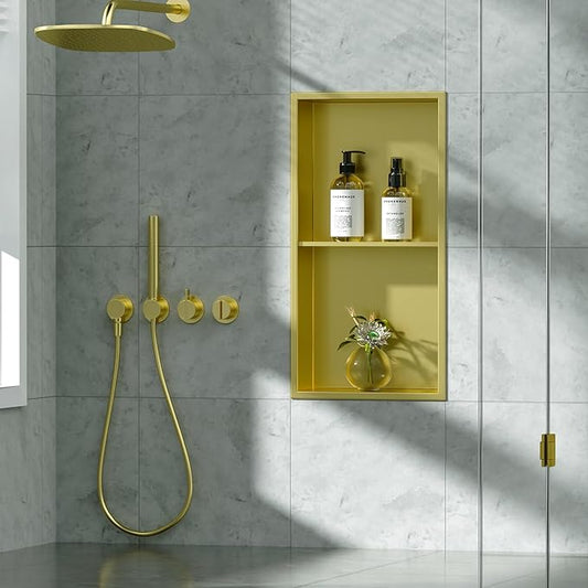 Neodrain Shower Niche Double Shelf Stainless Steel No Tile Needed Bathroom Niches Recessed in Wall, 2-Tier Recessed Wall Niche Waterproof Cubby(12X24Inch Golden)