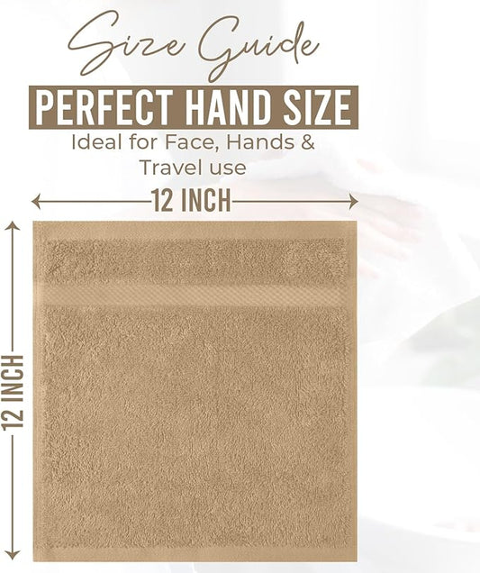 DAN RIVER 12-Pack Premium 100% Cotton TAN Face Towels – Reusable Face Towel Set, Soft & Absorbent wash Cloths for Body – Hand and Face Towels, 550 GSM (12x12 in)