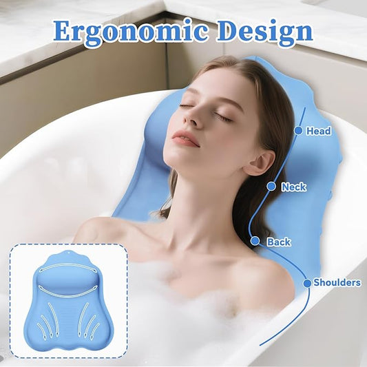 Silicone Bath Pillow for Tub Adults, 4D Air-Cushion Bathtub Pillow for Head Neck and Back Support, Non-Slip Suction Cups, Quick-Drying Waterproof Spa Pillow, Easy to Clean & Store,Blue