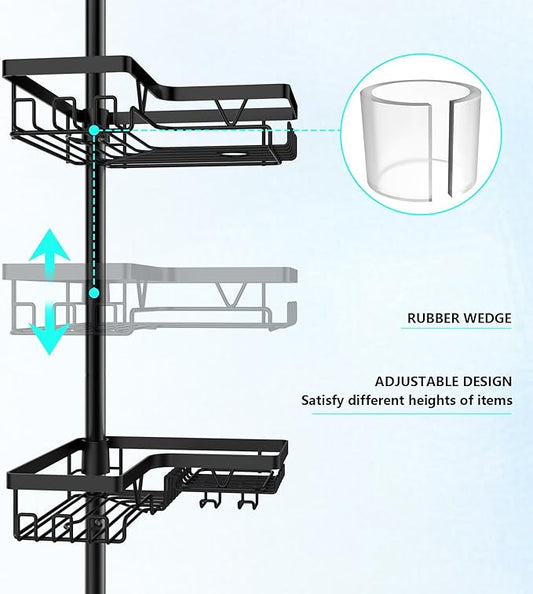Corner Shower Caddy Tension Pole - 4 Tier Stainless Steel Rustproof Shower Corner Caddy for Bathtub Bathroom Shower Organizer Shelves Adjustable Pole 25-114.2 Inch Black