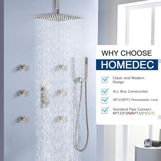 HOMEDEC Brushed Nickel 3 Way Shower Valve Thermostatic Anti-scald with 3 Square Knobs, Water Diverter Temperature Control Brass Rough-in Valve