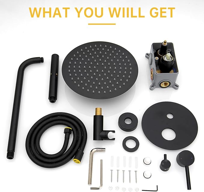 BESy Shower System with 10 Inch Round Rain Shower Head and Handheld Wall Mounted, High Pressure Rainfall Heads Shower Faucet Fixture Combo Set with 2 in 1 Spray Showerhead for Bathroom, Matte Black