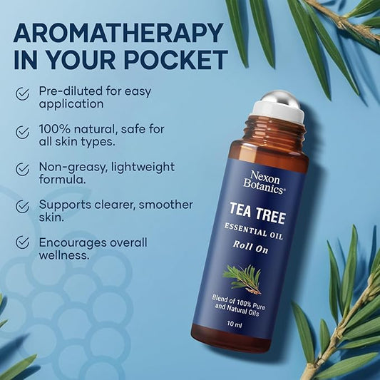 Tea Tree Oil Roll-On 10 ml - 100% Pure, Natural Essential Oil for Aromatherapy, Skin, Face & Body - Pre-Diluted Blend for Travel - Nexon Botanics