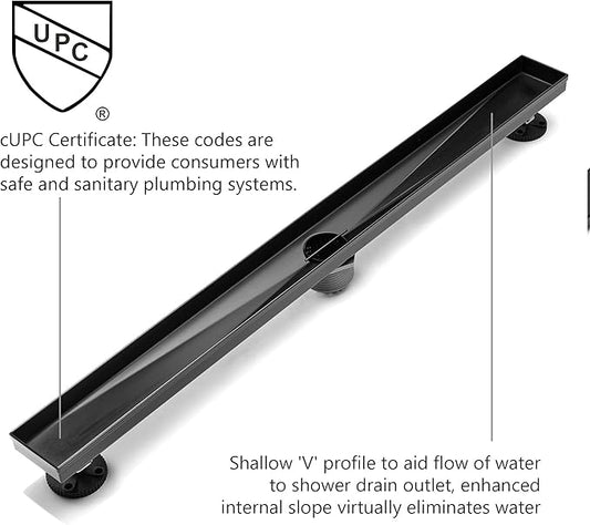 HEATGENE Linear Shower Drain 24-Inch, Stainless Steel Rectangle Shower Floor Drain with 2-in-1 Flat & Tile Insert Cover, Shower Drain with Leveling Feet & Hair Strainer, Matte Black