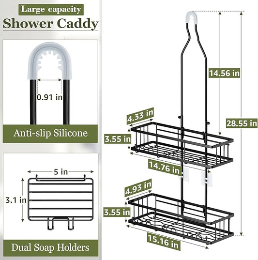 Shower Caddy Hanging: Adjustable Height Organizer for Over Showerhead - Black Rustproof Shower Shelves with Hooks & 2 Soap Holders