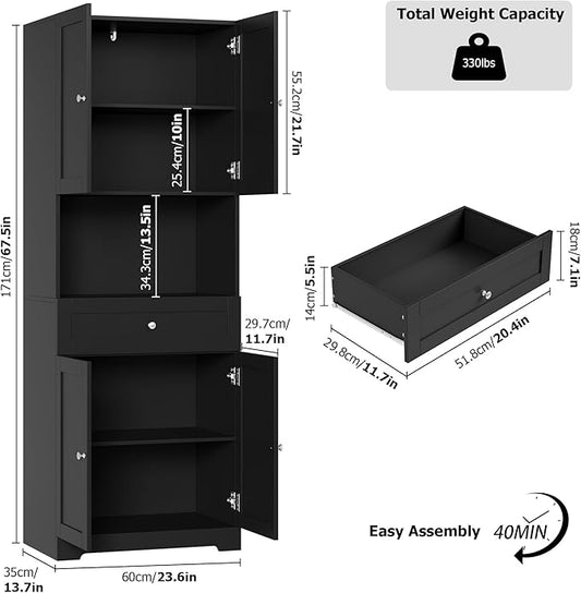 HIFIT Tall Bathroom Storage Cabinets, Modern Linen Storage Cabinet with 4 Doors & Shelves & Drawer, 67" H Tall Storage Cabinet Freestanding for Bathroom, Living Room, Kitchen & Dining, Pantry, Black
