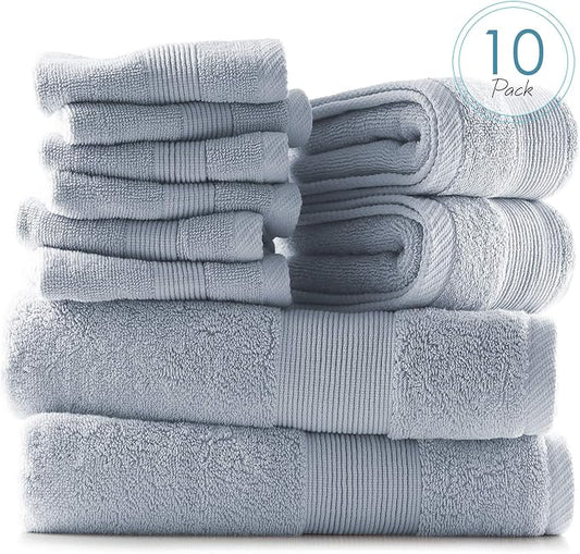 Hearth & Harbor Bath Towels for Bathroom - 100% Ring Spun Cotton Luxury Bathroom Towels - Ultra Soft & Highly Absorbent, Bath Towels Set of 10 - Ice Blue