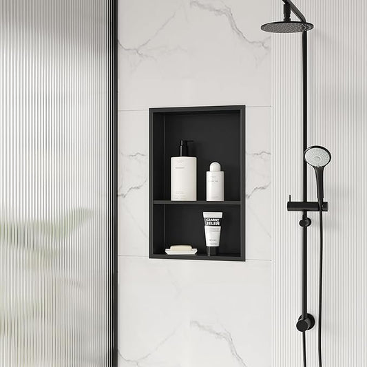 Stainless Steel Shower Niche 18" X 12", No Tile Needed Wall Niche Double Shelves, Recessed Shower Shelf for Bathroom Storage, Matte Black