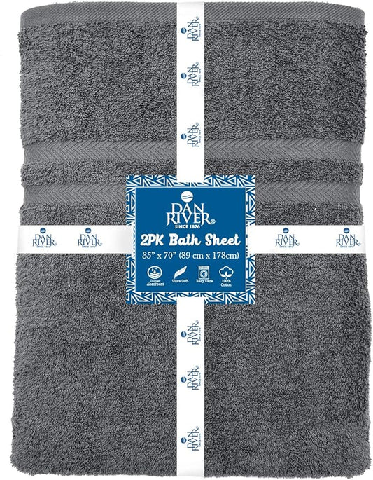 DAN RIVER 2 Pack Luxury Bath Sheets 35x70, 600 GSM, Soft & Quick Dry 100% Ring Spun Cotton Towels Ideal for Hotels, Spas, Gyms & Salons Extra Large, Gray