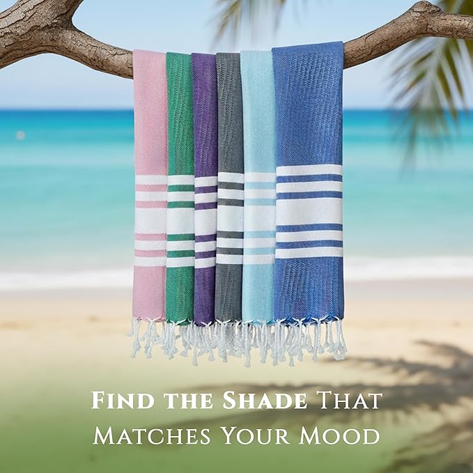 Turkish Cotton Beach Towel Pack of 6 & 1 Boho Tote Bag - Hammam Towels - No Shrink - Quick Dry - Lightweight - Sand Free - Camping - Pool - Tanning - Beach Essentials - Dark Blue (40"x70")