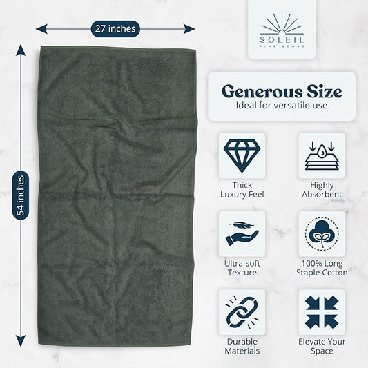 Soleil Fine Goods Luxurious 800 GSM 100% Cotton Bath Towel Set (4-Pack, 27x54) - Heavyweight & Ultra Absorbent, Plush Softness for Bathroom | Hotel & Spa Quality Luxury Towels- Forest