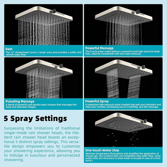 Hibbent Rain Filtered Shower Head, 13'' High Pressure Rainfall 5 Modes Showerhead with 16" Shower Head Extension Arm, Solid Brass Adjustable Shower Arm Extender, 20 Stage Shower Filter, Brushed Nickel
