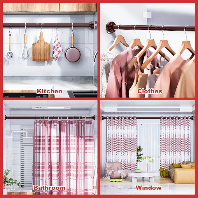 Ausemku Shower Curtain Rod - 32-43 Inch Rustproof Tension Rod, Non-Slip Spring Design, No Drilling Adjustable Curtain Rod for Bathroom, Kitchen, and Closet(Brown)