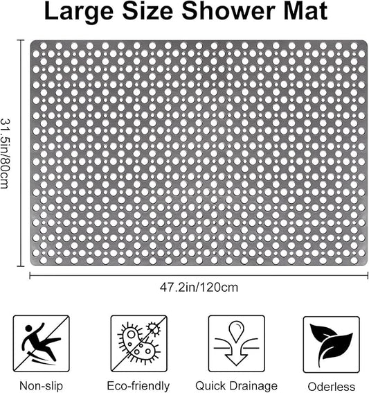 Anti Slip Shower Mat with Suction Cups,31.5x47.2 Inch Quick Drain TPE Non Slip Shower Mats for Inside Shower,Large Bath Mat for Shower Soft on Feet, Easy to Dry&Cut Machine Washable