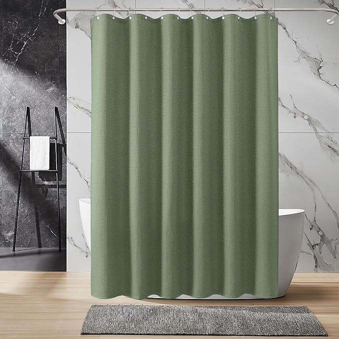 Inhousolu Fabric Shower Curtain Waffle Weave, Sage Green 230 GSM Heavy Duty, Weighted Hem, 14 Metal Hooks, Water Repellent, Machine Washable, Hotel Spa Luxury Bath Curtain Set, 72 x 72 Inch