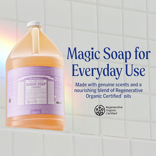 Dr. Bronner's Pure-Castile Magic Soap Liquid (Lavender, 1 Gallon) – Made with Regenerative Organic Certified Oils- For Face, Hair, Laundry, Dishes- Hand Soaps & Body Wash – Concentrated, Vegan
