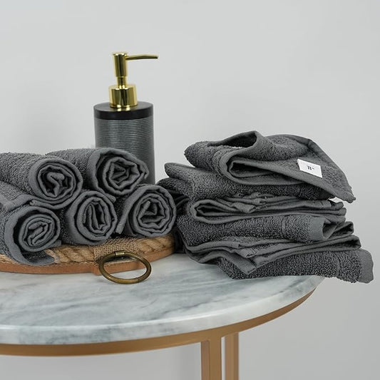 Tens Towels Pack of 24 Washcloths, 12 x 12 Inches, Lighter Weight, Quick to Dry, Super Soft & Absorbent, Gentle Face Towels, Hotel Quality, Perfect for Bathroom, Gym, Spa (Dark Grey, 24 Pack)