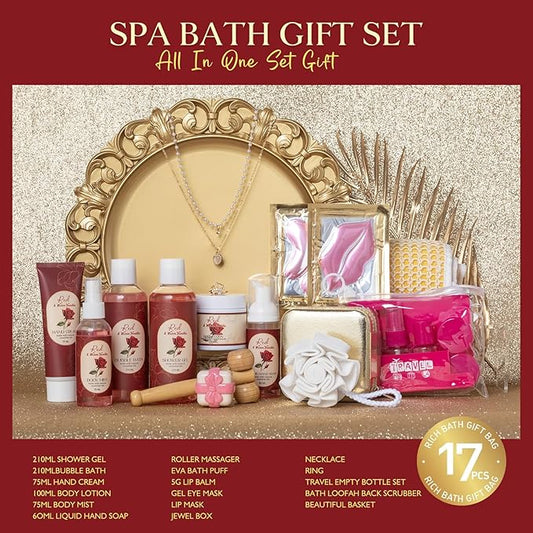 21Pcs Bath and Body Gift Basket Set for Women Christmas Gifts- Rose Vanilla XL Spa Gift Basket for Women Gifts| Bath Gift Set Home Spa Self Care Kit Necklace Finger Ring gift, Birthday Spa Gift