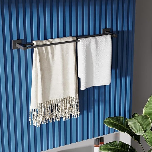 RUACQ Double Towel Bar, 24 Inch Bath Towel Rack for Bathroom, Square Base Hand Towel Holder, 304 Stainless Steel Towel Hanger Wall Mounted,Heavy Duty(Matte Black)