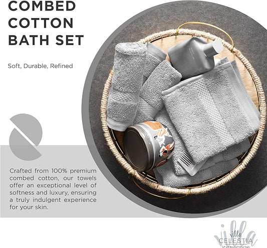100% Cotton Bath Towel Set of 10-2 Bath Towels, 4 Hand Towels, 4 Wash Cloths, Sustainable, Soft, Highly Absorbent, Combed Cotton 10 Piece Set for Hotels, Spa, Bathroom, Dorm, Silver