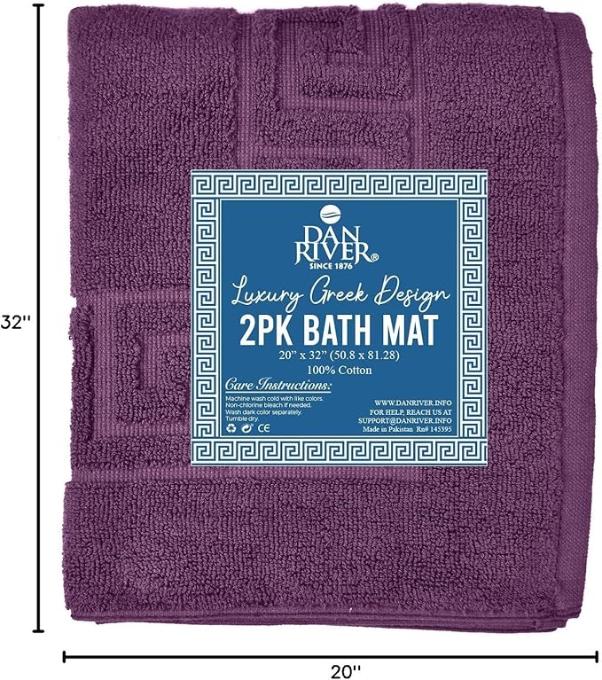 DAN RIVER Greek Cotton Bath Mats Set of 2 ā Not a Bathroom Rug, Ultra Soft, Highly Absorbent & Machine Washable Bath Mat Towel for Bathroom Floor Mat ā Durable, Quick-Dry, 21x34 Inches, Purple