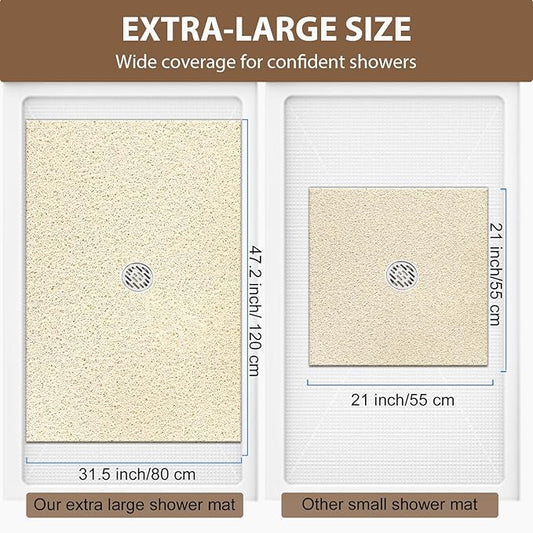 Shower Mat Non Slip: 47.2 x 31.5 Inch Extra Large Shower Mats for Inside Shower with Drain Hole - Soft PVC Loofah Anti Slip Shower Stall Mat for Walk-in Shower and Bathroom, Quick Drying