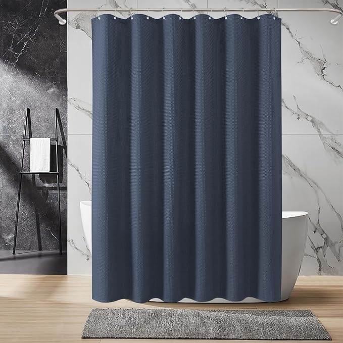 Inhousolu Fabric Shower Curtain Waffle Weave, Navy Blue 230 GSM Heavy Duty, Weighted Hem, 14 Metal Hooks, Water Repellent, Machine Washable, Hotel Spa Luxury Bath Curtain Set, 72 x 84 Inch