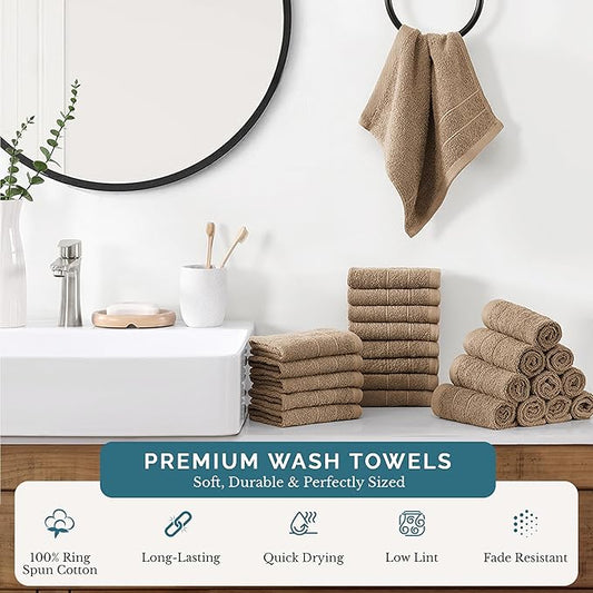Casa Platino Washcloths 24 Pack - Spa & Salon Quality - 100% Ring Spun Mercerized Cotton Face Towels - Very Soft & Absorbent Wash Cloths for Body, Beauty, Home, Gym - Fingertip Towels - 13"x13", Taupe