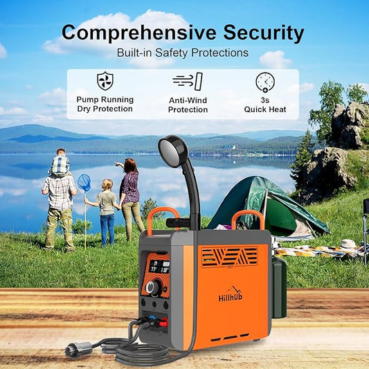Hillhub Portable Propane Water Heater with Water Pump&Showerhead, Camping Instant Hot Water Heater with Overheating Protection, Outdoor Use Only Built-in battery for Showering&Cleaning
