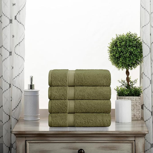 Superior Egyptian Cotton Pile Hand Towel Set of 4, Ultra Soft Luxury Towels, Thick Plush Essentials, Absorbent Heavyweight, Guest Bath, Hotel, Spa, Home Bathroom, Shower Basics, Forest Green