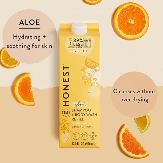 The Honest Company 2-in-1 Cleansing Shampoo Body Wash Refill Carton Gentle for Baby Naturally Derived Tear-free Hypoallergenic Citrus Vanilla Refresh 32 fl oz