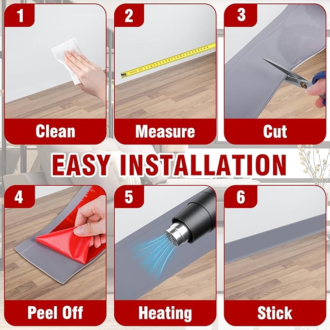 Vinyl Baseboard Molding Trim 4 Inch x 40 Feet Peel and Stick Baseboard Trim Flexible PVC Cove Base Moulding Self-Adhesive Trim for Garage Bathroom Cabinet Floor Walls, Gray