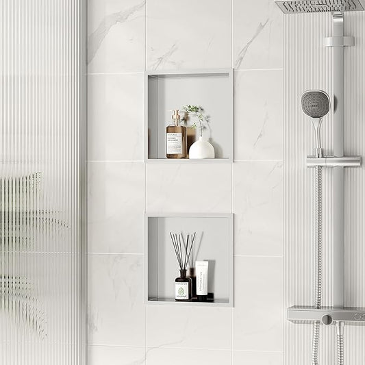 Neodrain Recessed Shower Niche, Bathroom Storage Cabinet Inner Size 12" X 12", Brushed Stainless Steel Bathroom Wall Niche Insert No Tile Needed for Shampoo