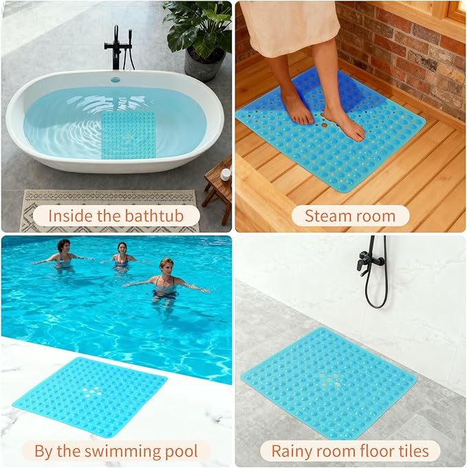 Anti-Slip Bathtub Shower mat, 20.8×20.8(Approximately 53×53cm) inch Soft Oversized Machine Washable Non-Slip Bathtub mat with Drainage Holes, Bathroom Floor Suction Cup.(1-Clear Green)