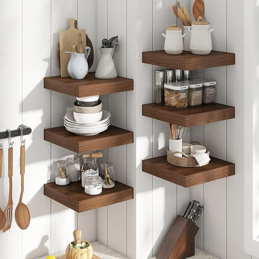 12 Inch Square Floating Shelves for Wall 2 Pack, 12"D Wood Grain Bathroom Shelves with Invisible Brackets, Easy Install Engineered Wood Storage Shelves for Kitchen, Living Room, Bedroom, Walnut Finish